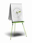 green flipchart with a target drawn on it and an arrow hitting the center, image is over a white background