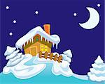 North Pole, Santa Claus house and winter background with night, stars and moon.