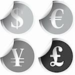 Grey labels with international currency symbols