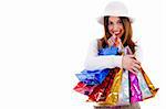 Portrait of Young lady happy with lot of shopping bags on a isolated background