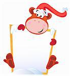 Brown cute monkey with blank banner sign. Vector cartoon illustration.