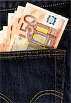euros in back pocket in blue jeans.