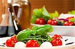 Tomato, mozarella, rocket or rocquet salad with olive oil and balsmaic vinegar dressing and basil garnish shot in golden sunshine