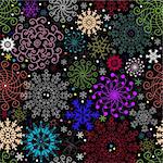 Repeating dark christmas pattern with colorful snowflakes (vector)