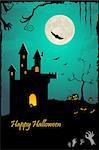 illustration of halloween night with haunted castle and bat flying
