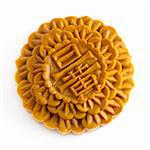 Chinese Mooncake isolated over white background, the Chinese words on the mooncake means yolk.