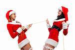 Two sexual girls in Christmas clothes . Isolated over white background .