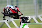 Helmet on the handlebars of a bike in triathlon transition zone