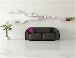 black leather sofa in a white modern living room - rendering