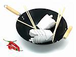 A Chinese takeaway container and a wok isolated against a white background