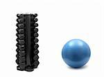 A fitball and a  dumbbell rack isolated against a white background