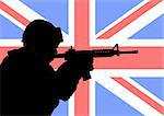 Silhouette of a British soldier with the flag of the United Kingdom in the background