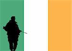 Silhouette of an Irish soldier with the flag of Ireland in the background