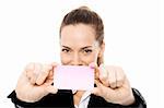 Young businesswoman holding sheets of paper on white background studio