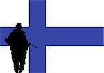 Silhouette of a Finnish soldier with the flag of Finland in the background