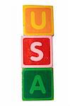 toy letters that spell usa against a white background with clipping path