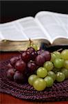 Grapes and the Bible in the background. Concept of Jesus being a Vine (John 15).