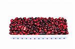 wild ripe red cranberry and  white plastic tray over white