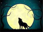 Vector picture about wolf barking on the moon.