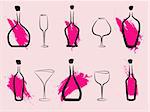 Abstract picture of wine bottles and wine glasses on pink background