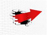 abstract 3d illustration of arrow breaking white brick wall