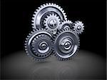 3d illustration of steel gear wheels system over dark background