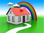 abstract 3d illustration of house on green meadow, with rainbow and clouds at background