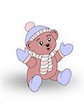 A cute teddy bear with a hat, mittens, socks and scarf.