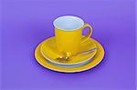 An image of a yellow coffee cup on purple background