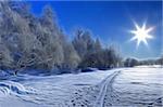 Snow ski road on a frozen lake and Sun backlight. North of Russia