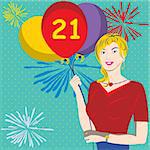 Vector illustration of a young female holding balloons. The 21 on a red balloon indicates that it's her birthday.