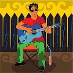Vector illustration of a young man sitting outdoors playing the guitar with a juice beside him.