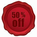 illustration of 50 % off  text engraved in wax seal on an isolated background