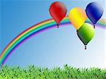 Illustration for children with balloons and rainbow
