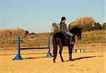 young girl and her black stallion in a training of dressage