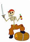 Cheerful zombie-pirate with red eyes, with a sabre in one hand and a wine bottle in another standing, having put a foot on a tun