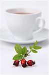 Rosehips and a cup of healthy rosehip tea on white background. Shallow dof