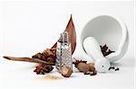 Close-up of nutmegs, cloves, anise and cinnamon with grater and mortar on white background. Shallow dof