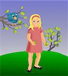 A blue little bird sitting on a branch and a girl in a red dress holding two pears.