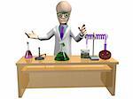 Isolated illustration of a cartoon scientist demonstrating his experiment
