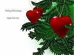 Christmas background with tree branches and ball in the form of heart. Vector illustration