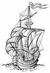 vector illustration of an old sailing boat in wood cut drawing style