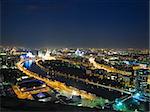 Moscow city center bird eye view. Visible hotel Ukraine, White House, tower 2000, Bagration bridge and Moscow river