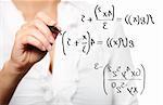 A picture of a young teacher solving a mathematical equation over white background