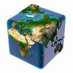 Earth as a cube with translucent body of water and a detailed relief map of the continents and ocean floor