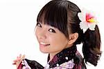 Happy japanese girl with smiling face, closeup portrait on white background.