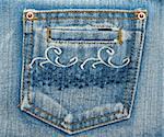 Jeans pocket, embroider pattern on fabrics, rivets and sewing seams