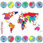 Colored world map and Earth globes