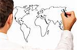 a picture of a young businessman drawing a world map