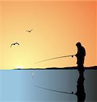 Realistic illustration fishing on lake at a dawn. Vector
